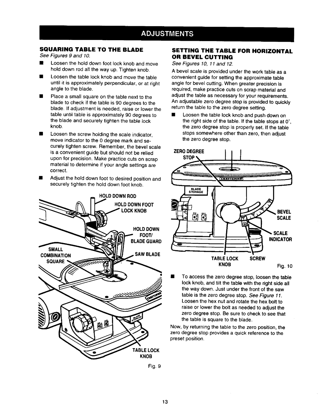 Craftsman 315.21636 Setting the Table for Horizontal or Bevel Cutting, Holddownrod Holddownfoot Foot Bladeguard 