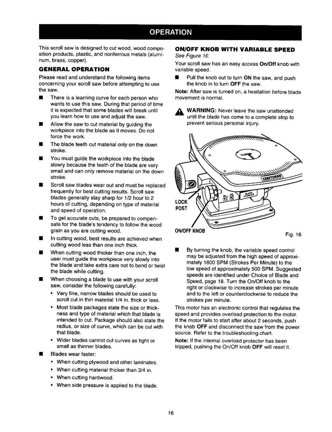 Craftsman 315.21636 owner manual General Operation, Lock Post 