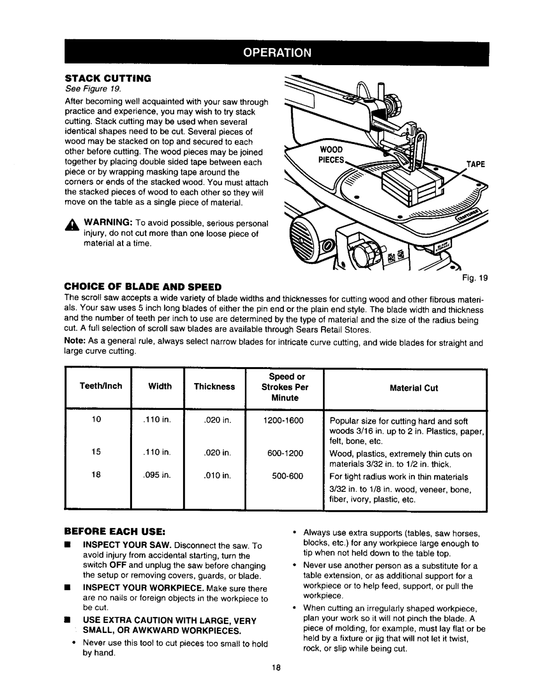 Craftsman 315.21636 owner manual Stack Cutting, Choice of Blade and Speed, Before Each USE 