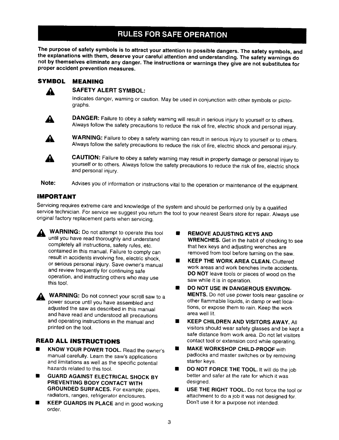 Craftsman 315.21636 owner manual Symbol Meaning Safety Alert Symbol, Read ALL Instructions, Remove Adjusting Keys 