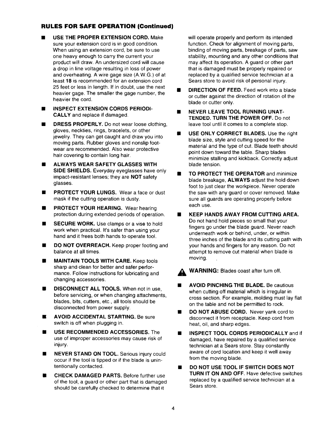 Craftsman 315.21636 owner manual Rules for Safe Operation, Always Wear Safety Glasses with, Blade or cutter only 