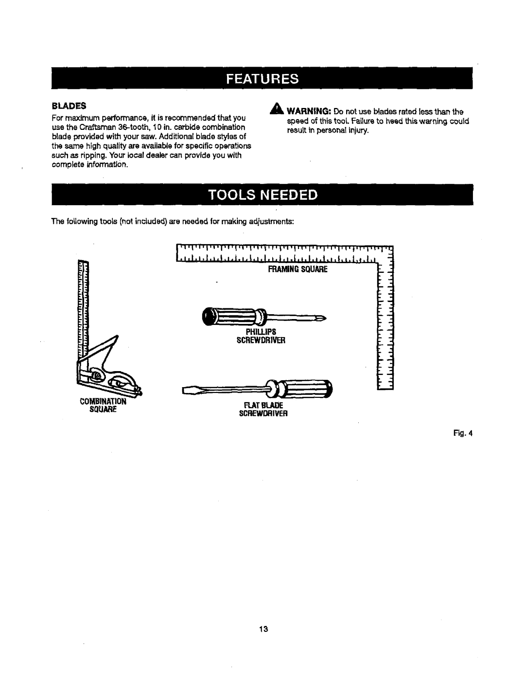 Craftsman 315.21829 manual Blades, Combinationflatblade Squarescrewdriver 