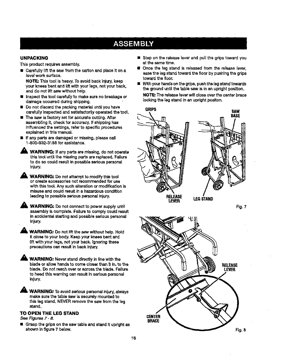 Craftsman 315.21829 manual Unpacking, To Open the LEG Stand, See Figures 7, Base, Release LEG,STAND Lever 