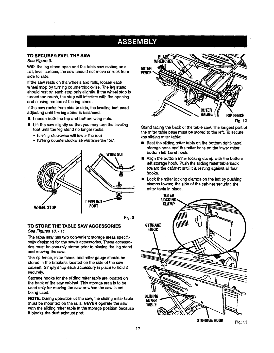 Craftsman 315.21829 manual Tosecure/Levelthesaw, See F-igum9, See Figures 10, Sliding miter table 