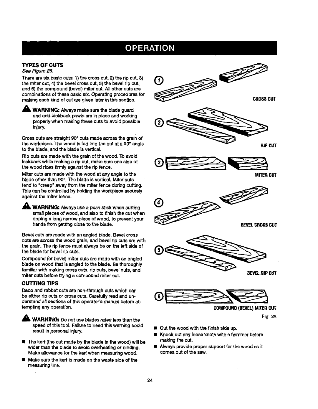 Craftsman 315.21829 manual Types of Cuts, Cutting Tips, RIP CUT Mitercut Compoundbevelmitercut 