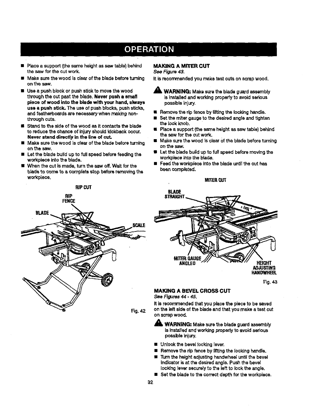 Craftsman 315.21829 manual saw for the cut work, Fence Making a Miter CUT, See F-agure43, See Ffeures44 