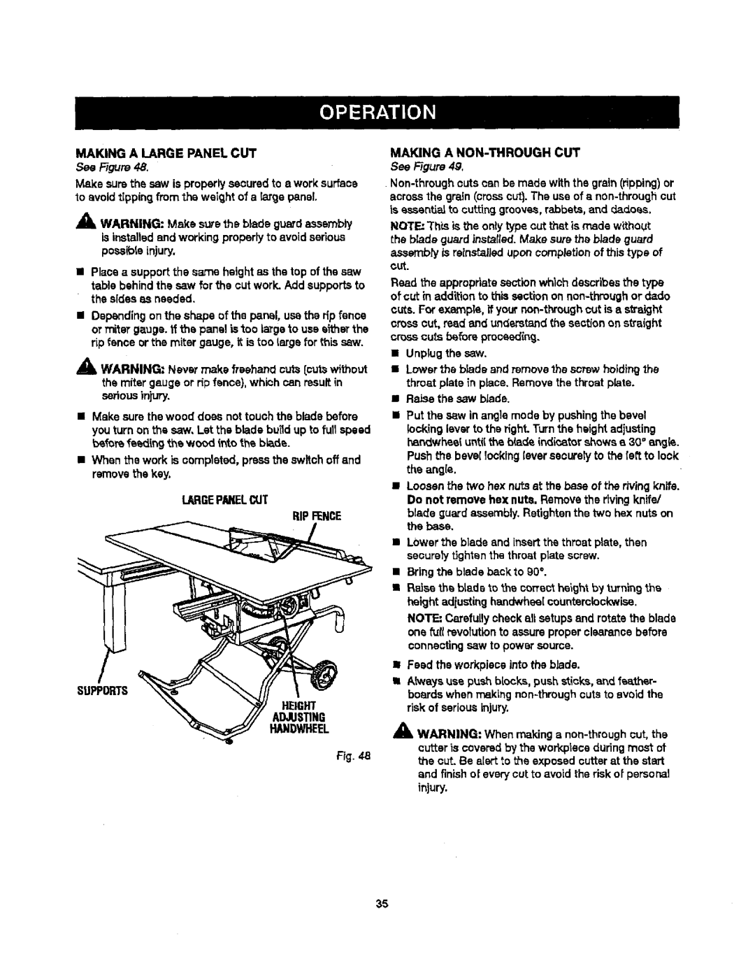 Craftsman 315.21829 manual Making a Large Panel CUT, See g 