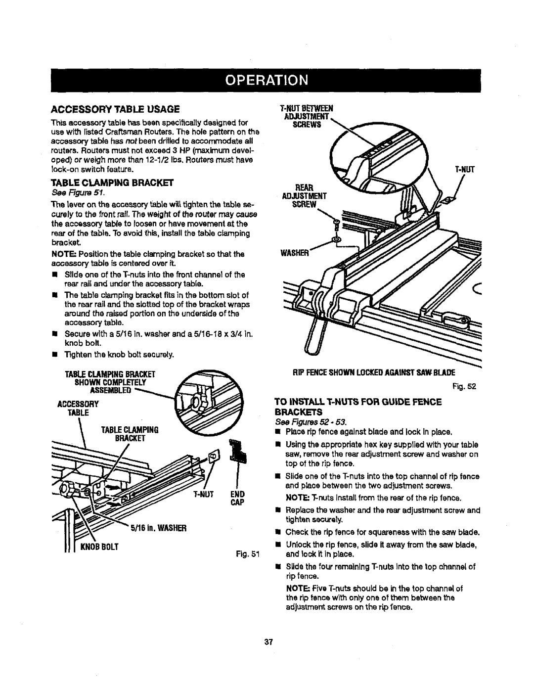 Craftsman 315.21829 manual Accessory Table Usage, Rear, Table Clampng Bracket, Knobbolt Nutbetween Adjustment Screws 