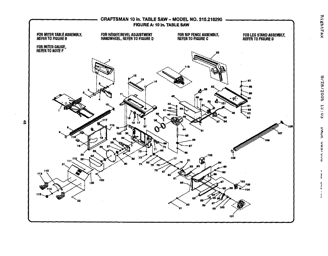 Craftsman 315.21829 manual Craftsman 10 in. Table SAW Model no, FORlEG Standassembly 