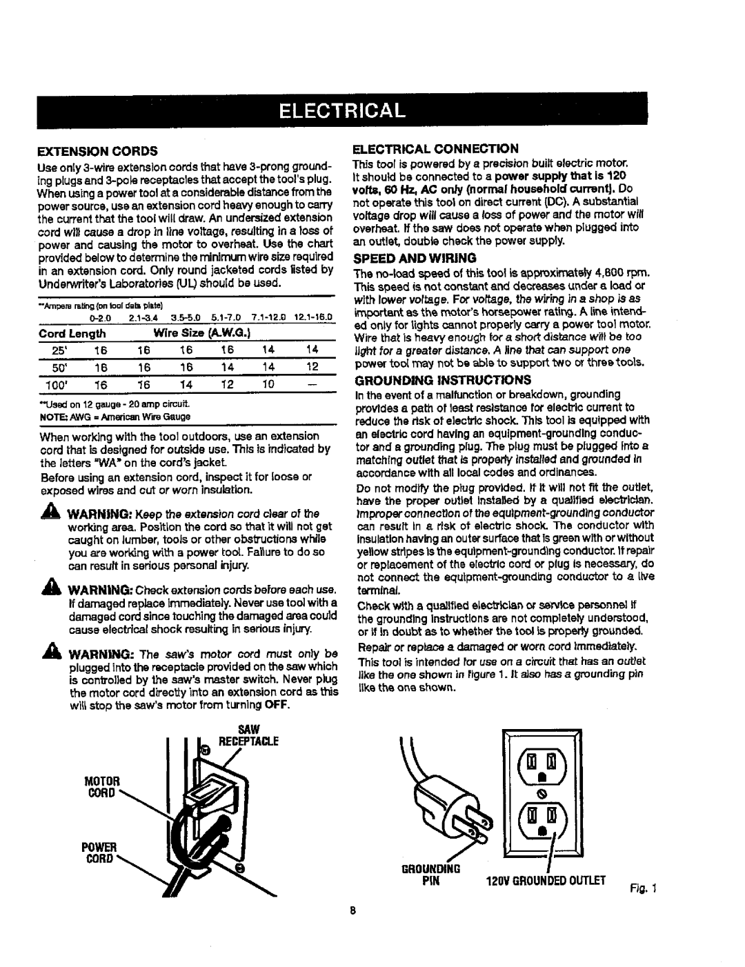 Craftsman 315.21829 manual Extension Cords, SAW Receptacle Motor Power Electrical Connection, Speed and Wiring 