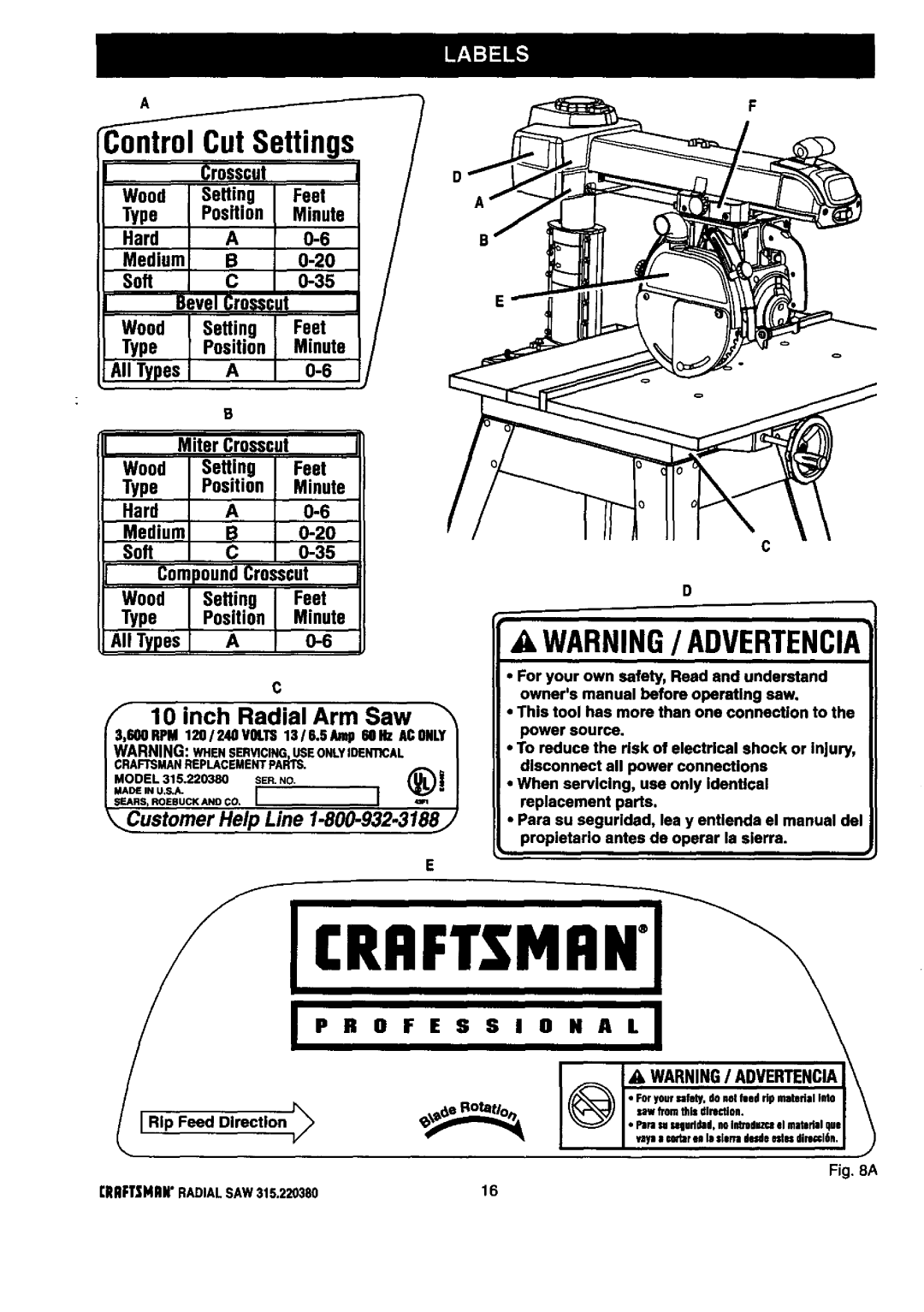 Craftsman owner manual Ftsmanreplacementparts, Serno, RRFTMRNRADIALSAW315.22038016 