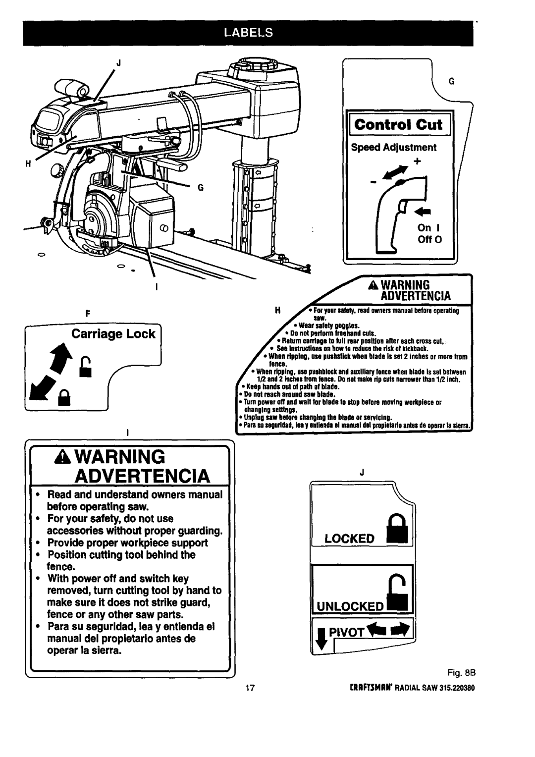 Craftsman owner manual Advertencia, 17CRAFTSMANRADIALSAW315.220380 