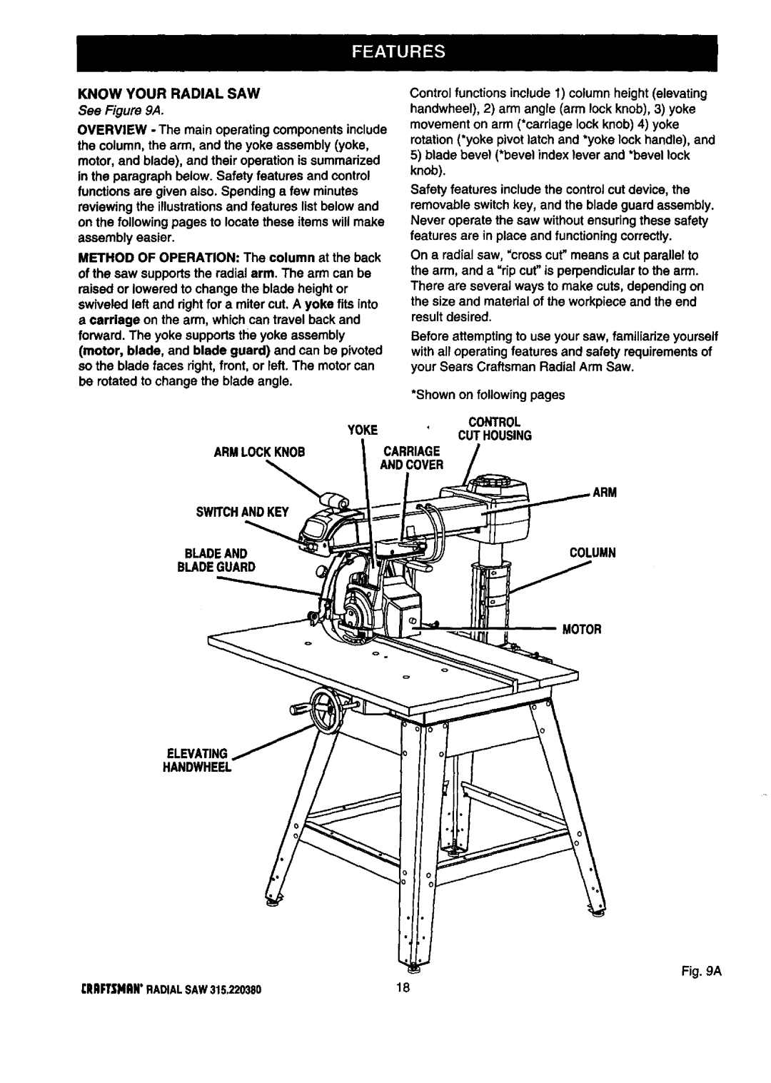 Craftsman 315.22038 owner manual Know Your Radial SAW, See a, Method, Yoke Control 