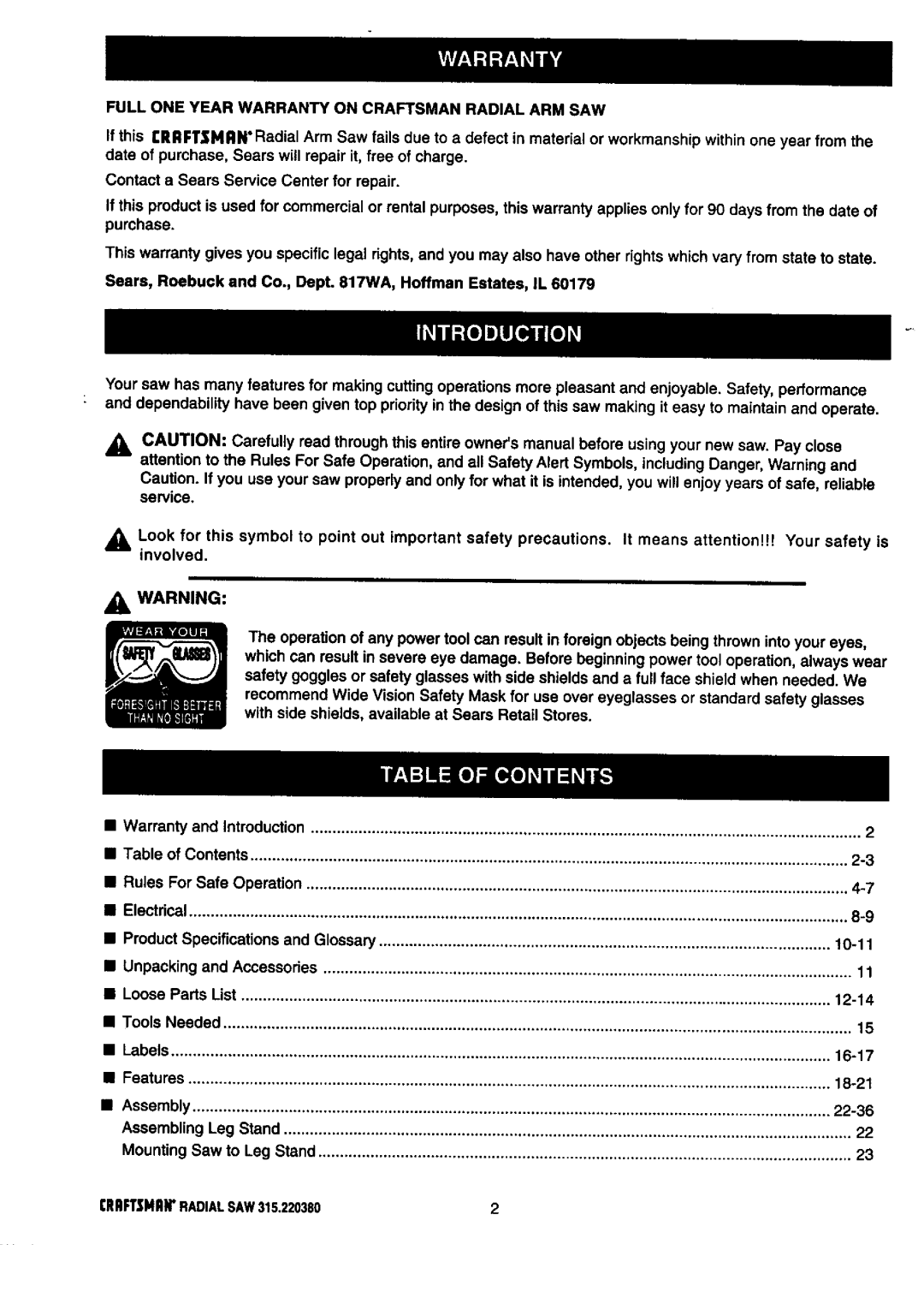 Craftsman 315.22038 owner manual Full ONE Year Warranty on Craftsman Radial ARM SAW 