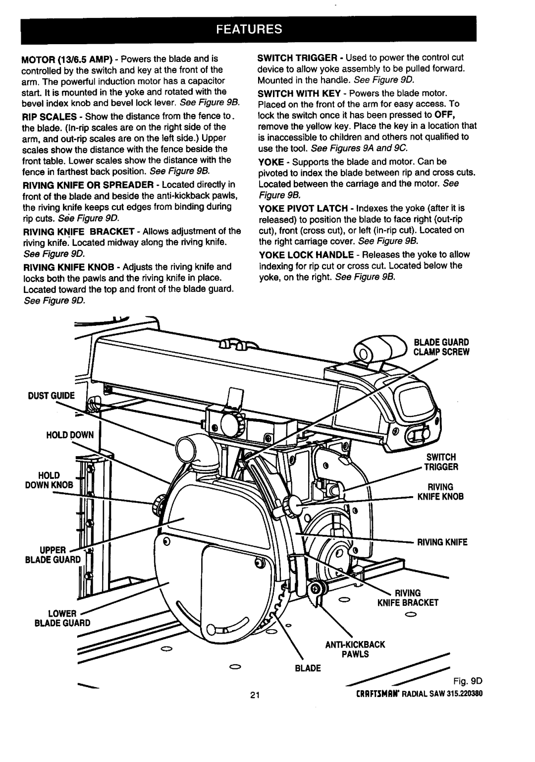 Craftsman 315.22038 owner manual MOTOR13/6.5AMP- Powersthe blade and is, Dustguide Holddown Downknob Upper Bladeguard Lower 