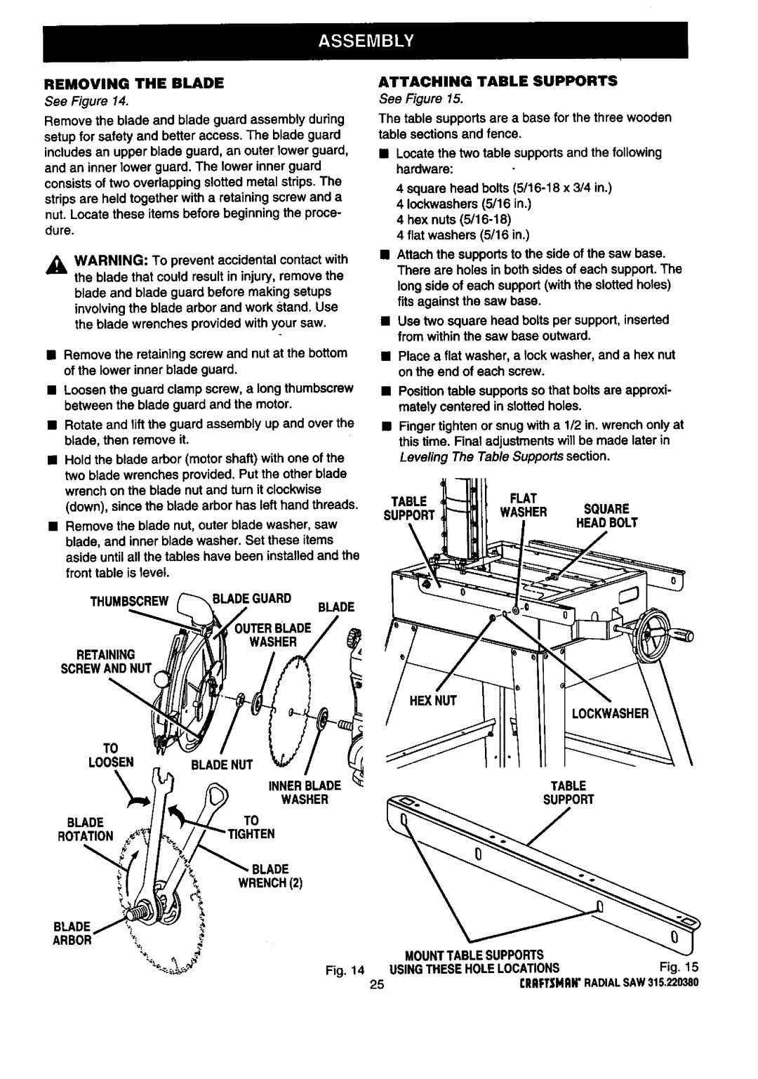 Craftsman 315.22038 Removing the Blade, Attaching Table Supports, See Figure, Leveling The Table Supports section 