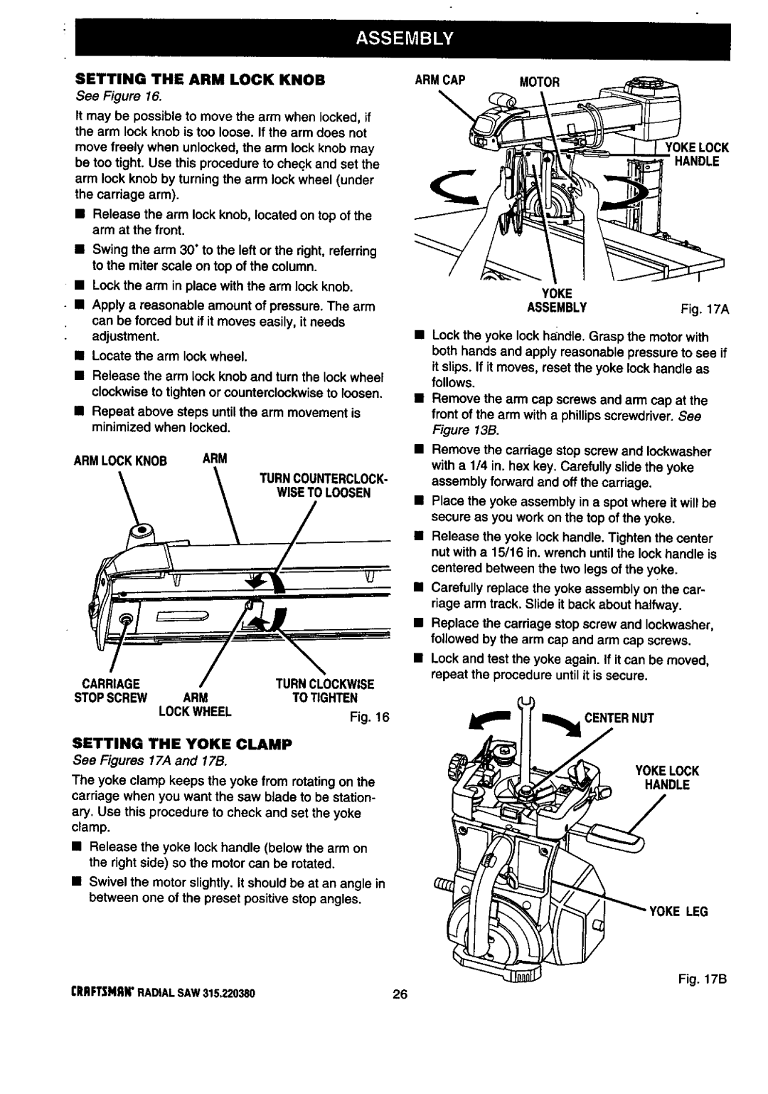 Craftsman owner manual Setting the ARM Lock Knob, Yokelock Handle, RAFTSMANRADIALSAW315.22038026 