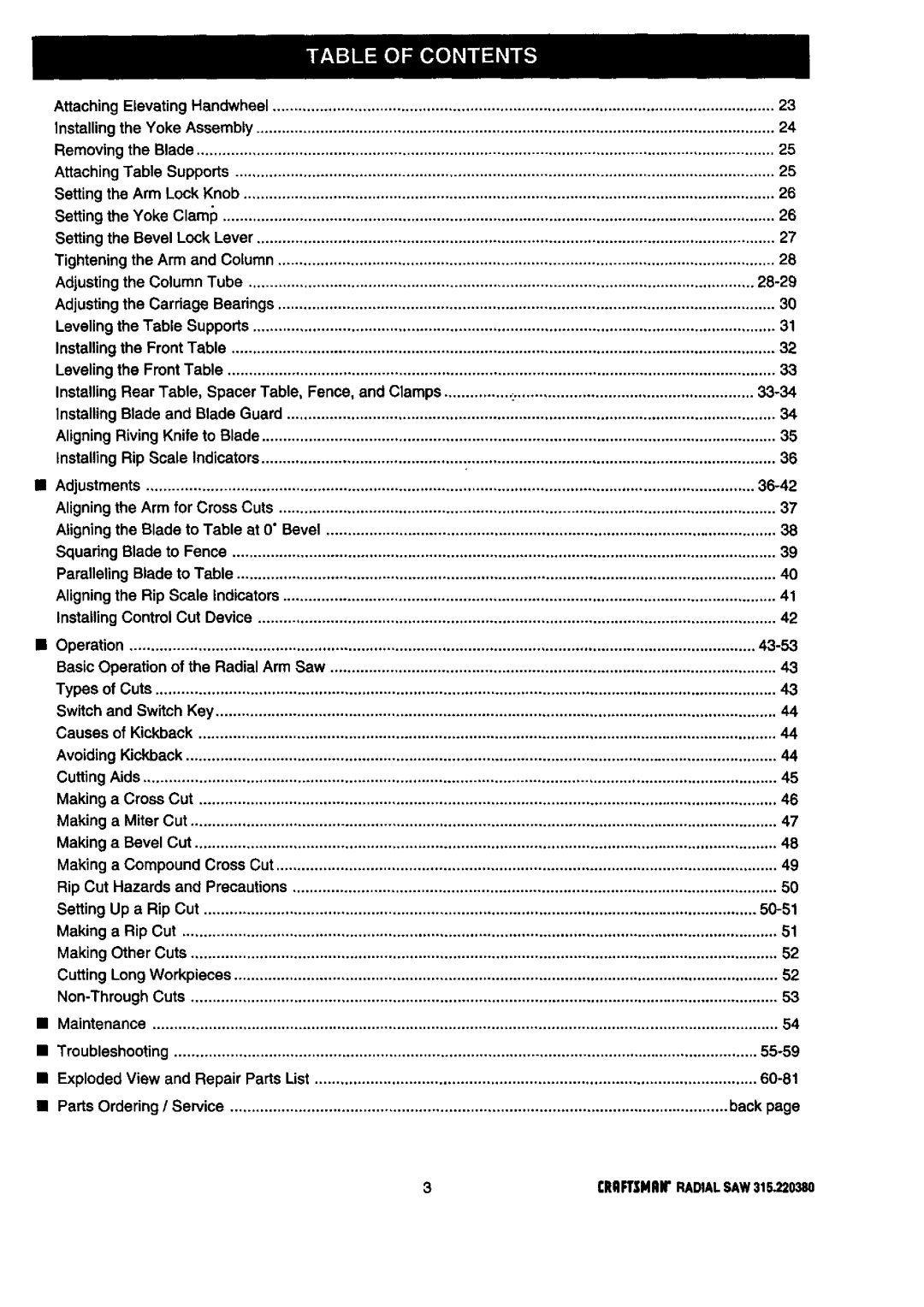 Craftsman owner manual CliaFTtHIIIr RADIALSAW315.220380 