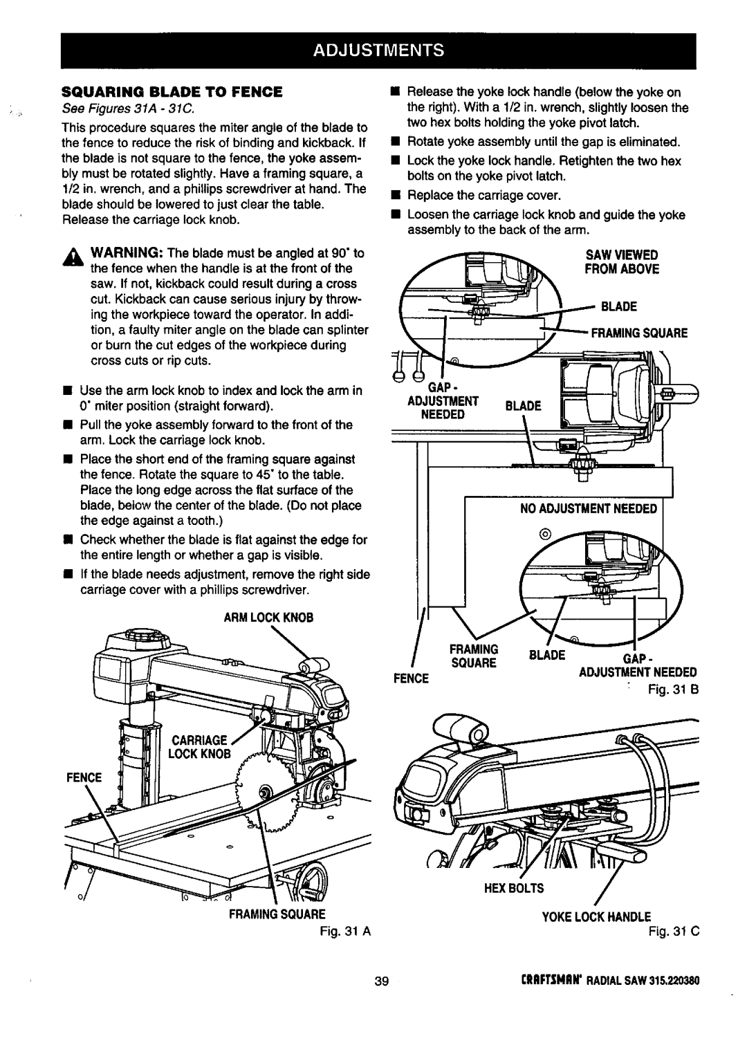 Craftsman 315.22038 owner manual Squaring Blade to Fence, See Figures 31A 31C, Armlockknob 