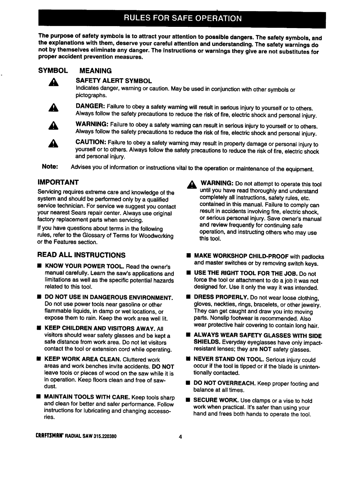 Craftsman 315.22038 owner manual Read ALL Instructions, Safety Alert Symbol 