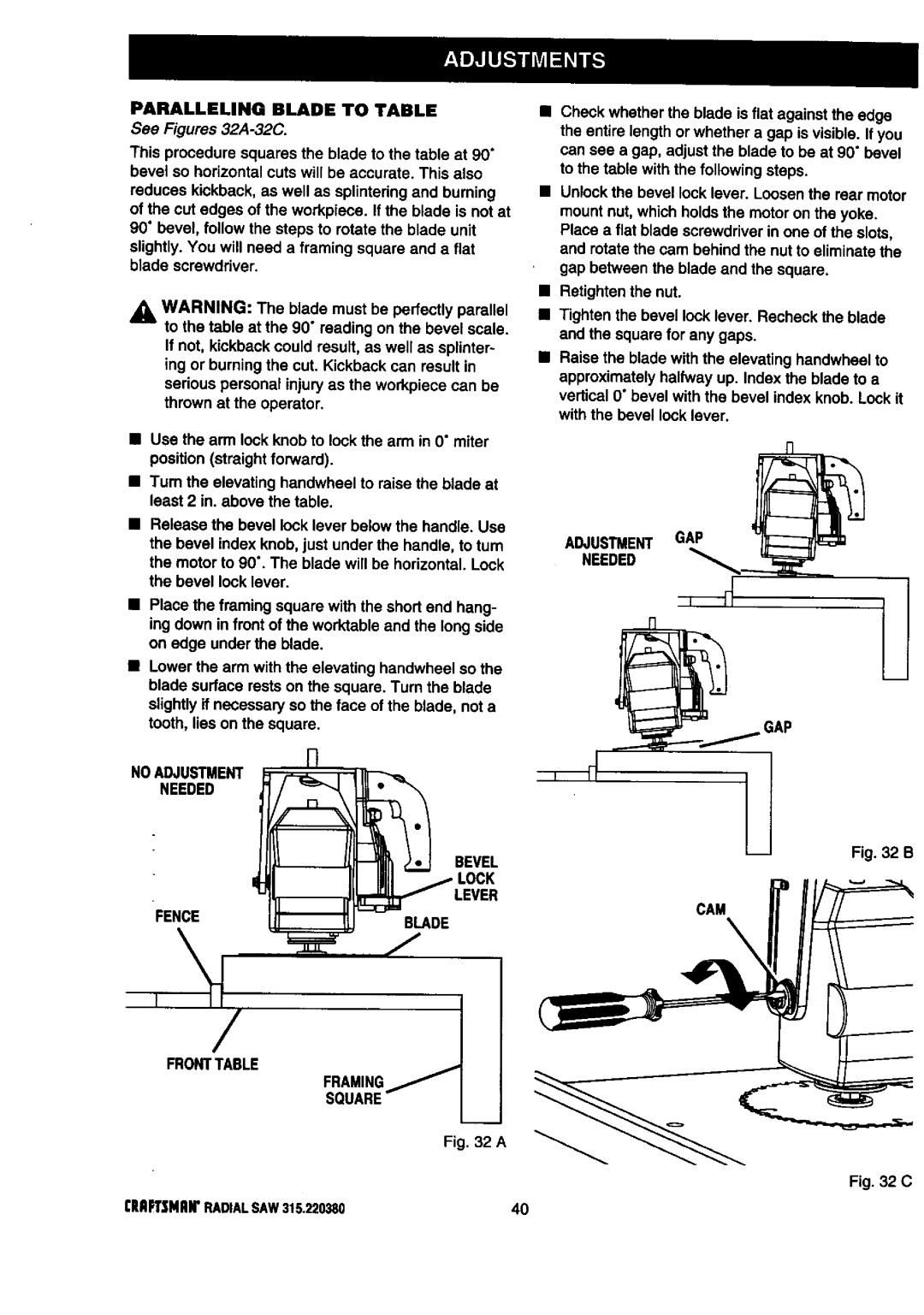 Craftsman 315.22038 owner manual Paralleling Blade to Table, See Figures 32A-32C, Adjustment GAP 