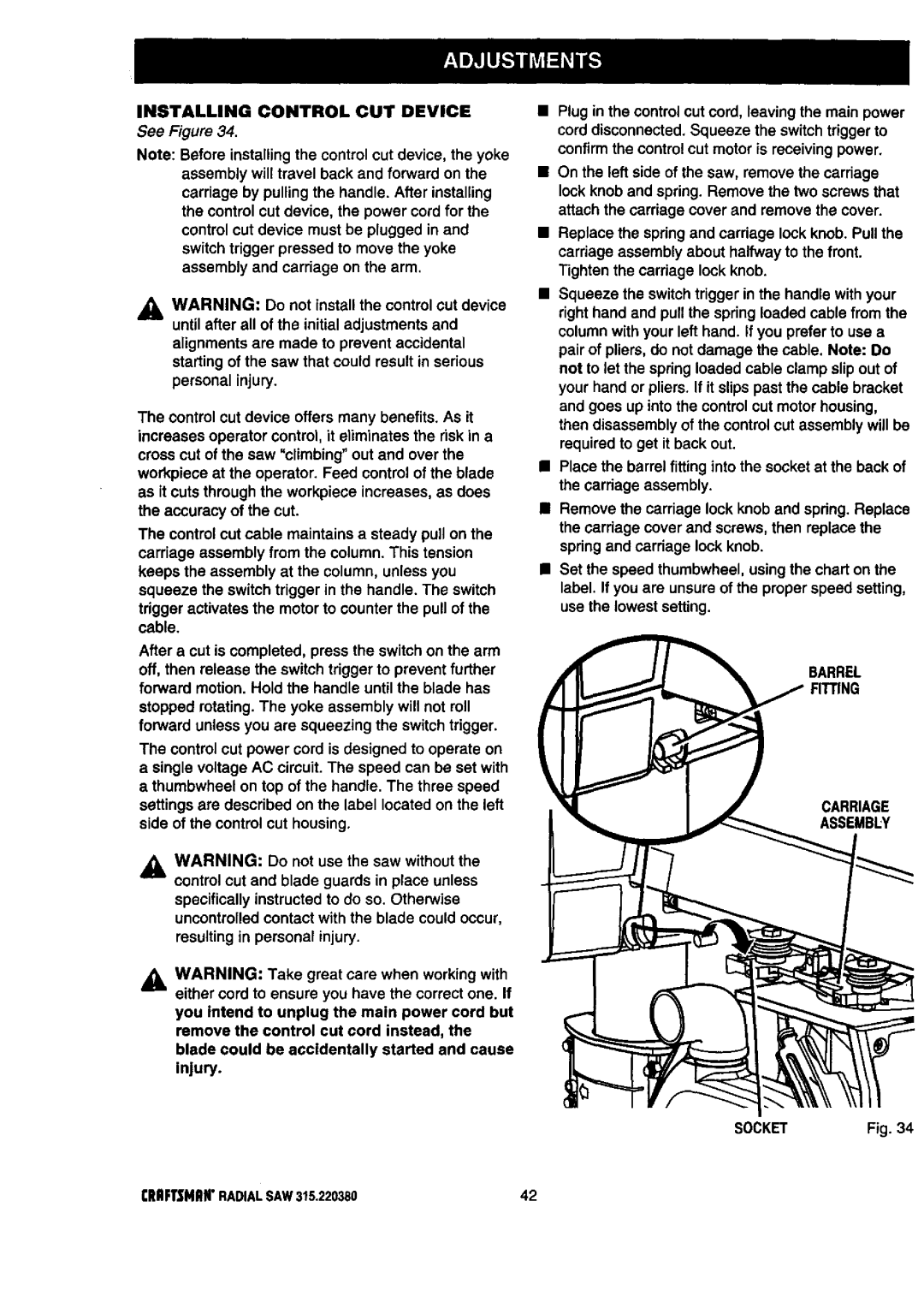 Craftsman 315.22038 owner manual Installing Control CUT Device, Barrel Carriage Assembly 