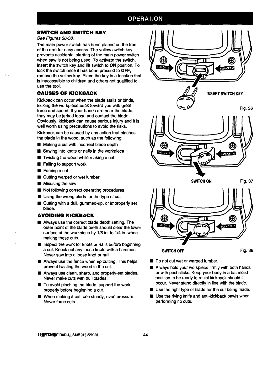 Craftsman 315.22038 Switch and Switch KEY, Causes of Kickback, Avoiding Kickback, Insertswitchkey Switchon Switchoff 