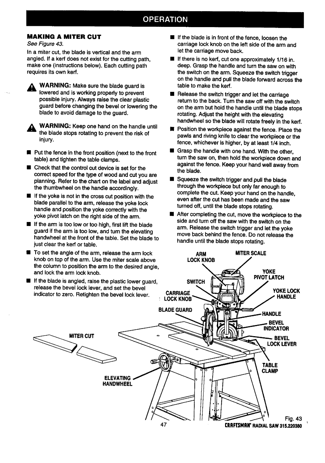 Craftsman 315.22038 owner manual Making a Miter CUT, Ercut Elevating Handwheel 