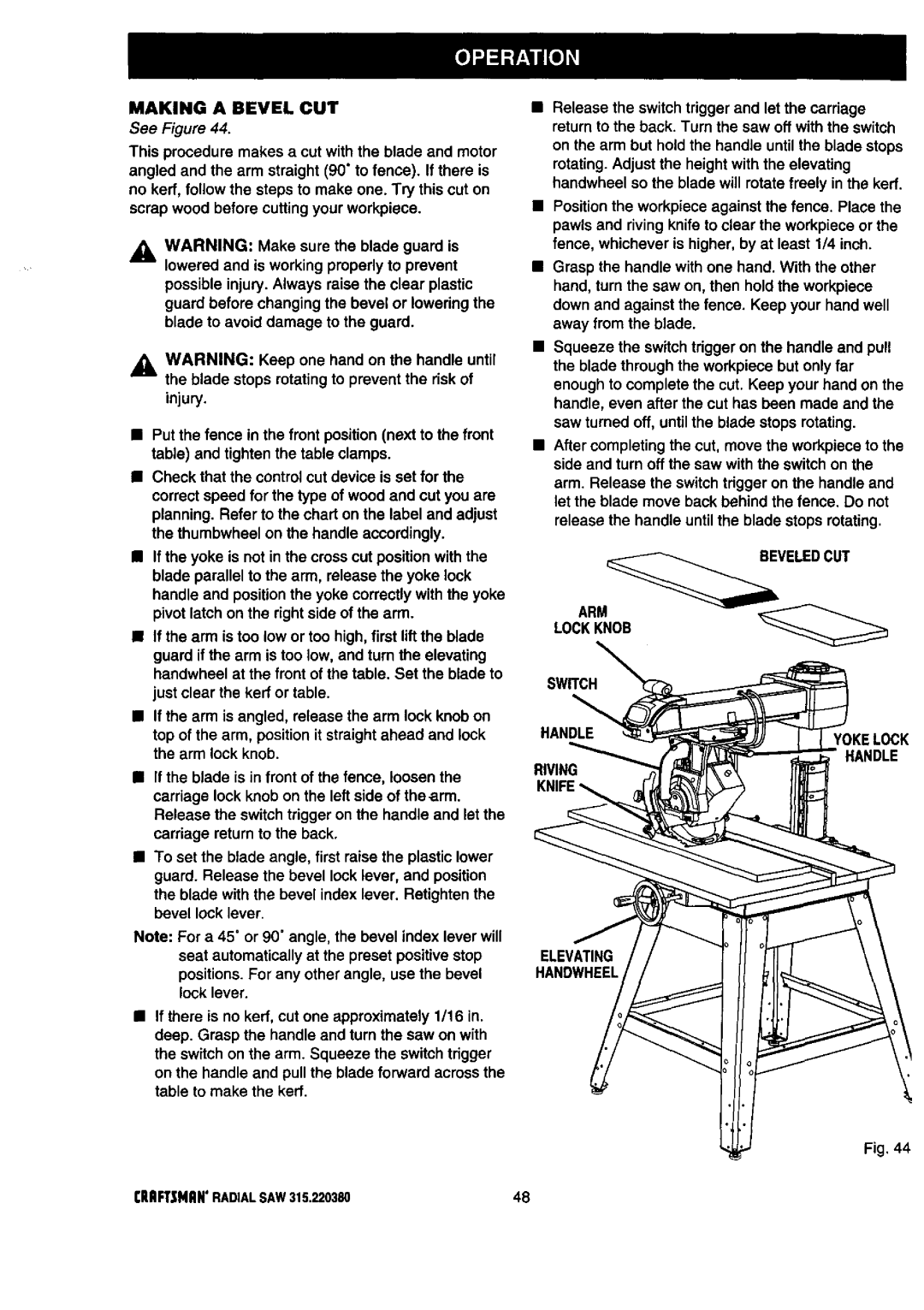 Craftsman 315.22038 owner manual Making a Bevel CUT, Switch Handleyokelock Riving Elevating Handwheel 