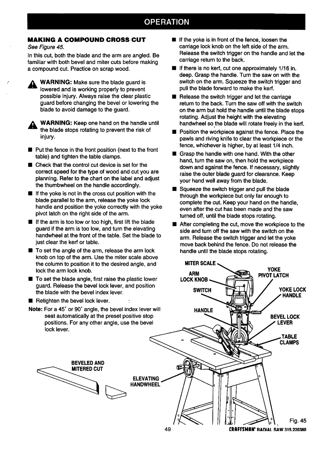 Craftsman 315.22038 owner manual Making a Compound Cross CUT, Beveledand Elevating Handwheel 