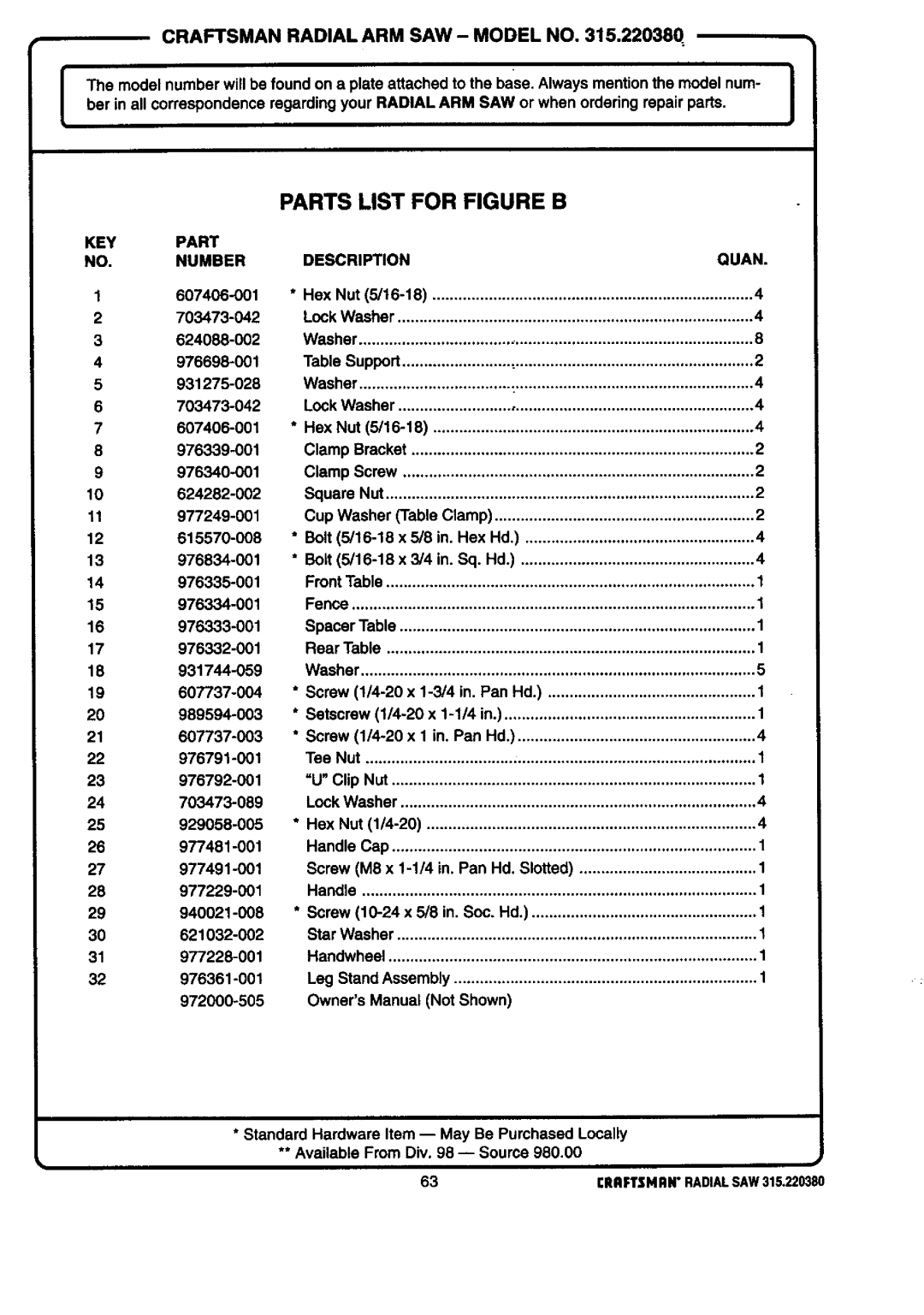 Craftsman 315.22038 owner manual Craftsman Radial ARM SAW Model no .22038Q, KEY Part Number 