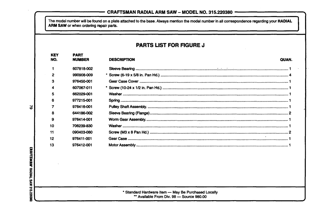 Craftsman 315.22038 owner manual Parts List for Figure J 