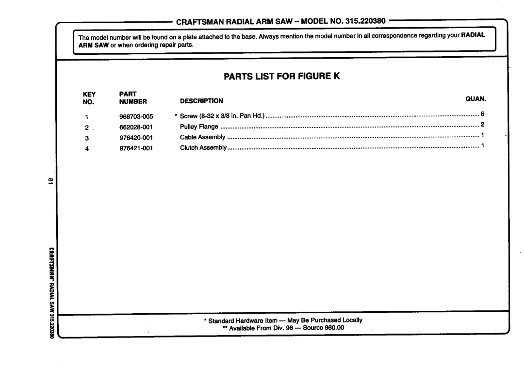 Craftsman 315.22038 owner manual Parts List for Figure K 