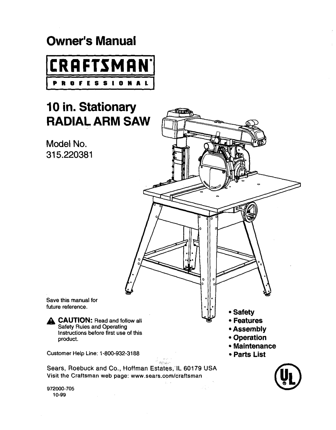 Craftsman 315.220381 owner manual Radial ARM SAW, Ofess Ional 