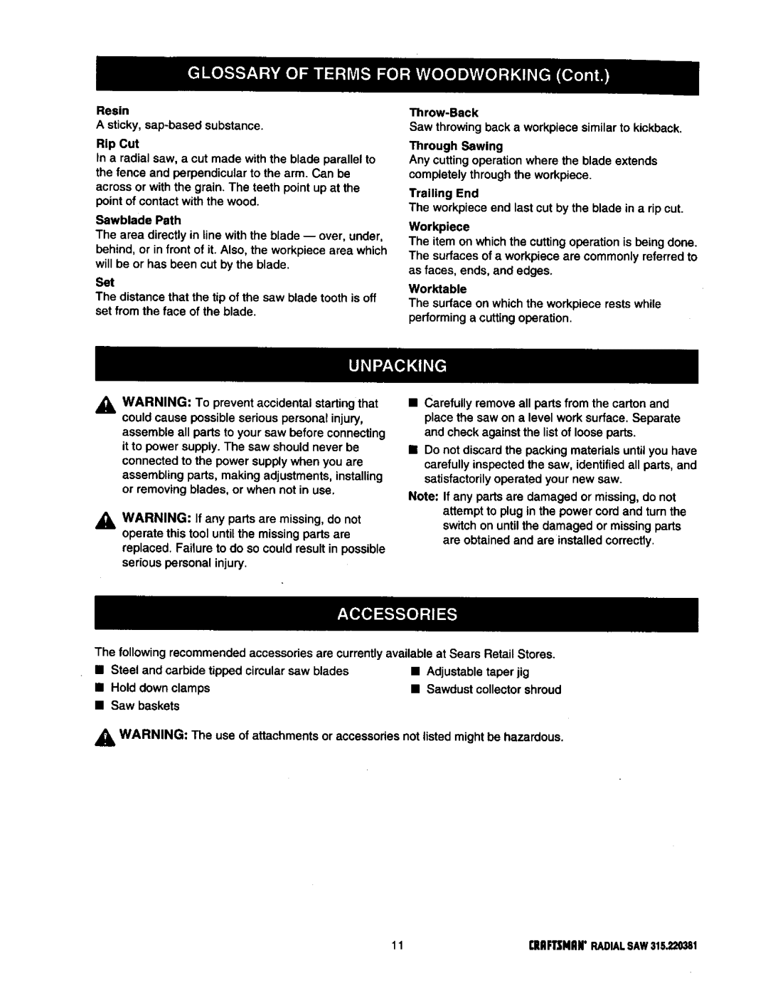 Craftsman 315.220381 owner manual RAFTSNANRADIALSAW315,220381 