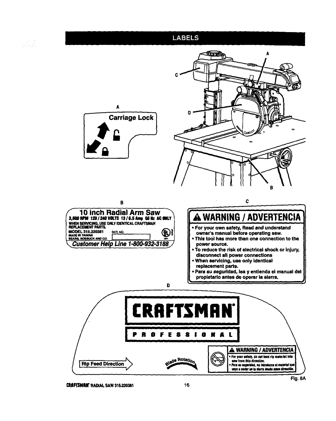 Craftsman 315.220381 owner manual Inch Radii Arm Saw, Re.Antparts 