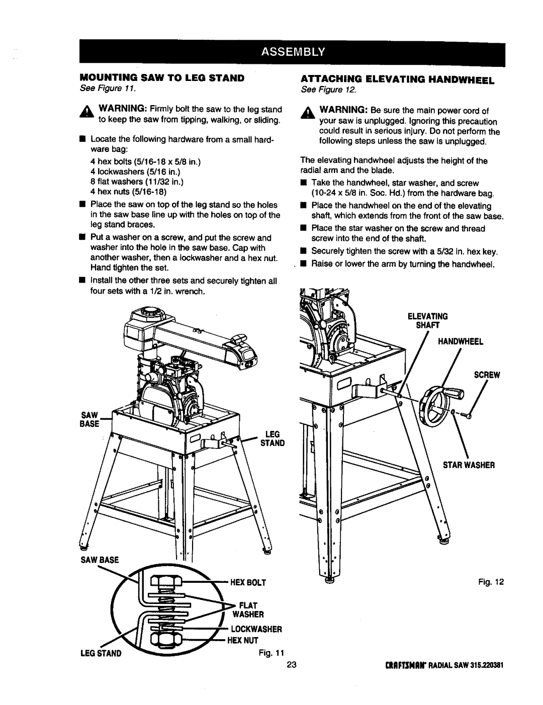 Craftsman 315.220381 owner manual Mounting SAW to LEG Stand Attaching Elevating Handwheel, See Figure 