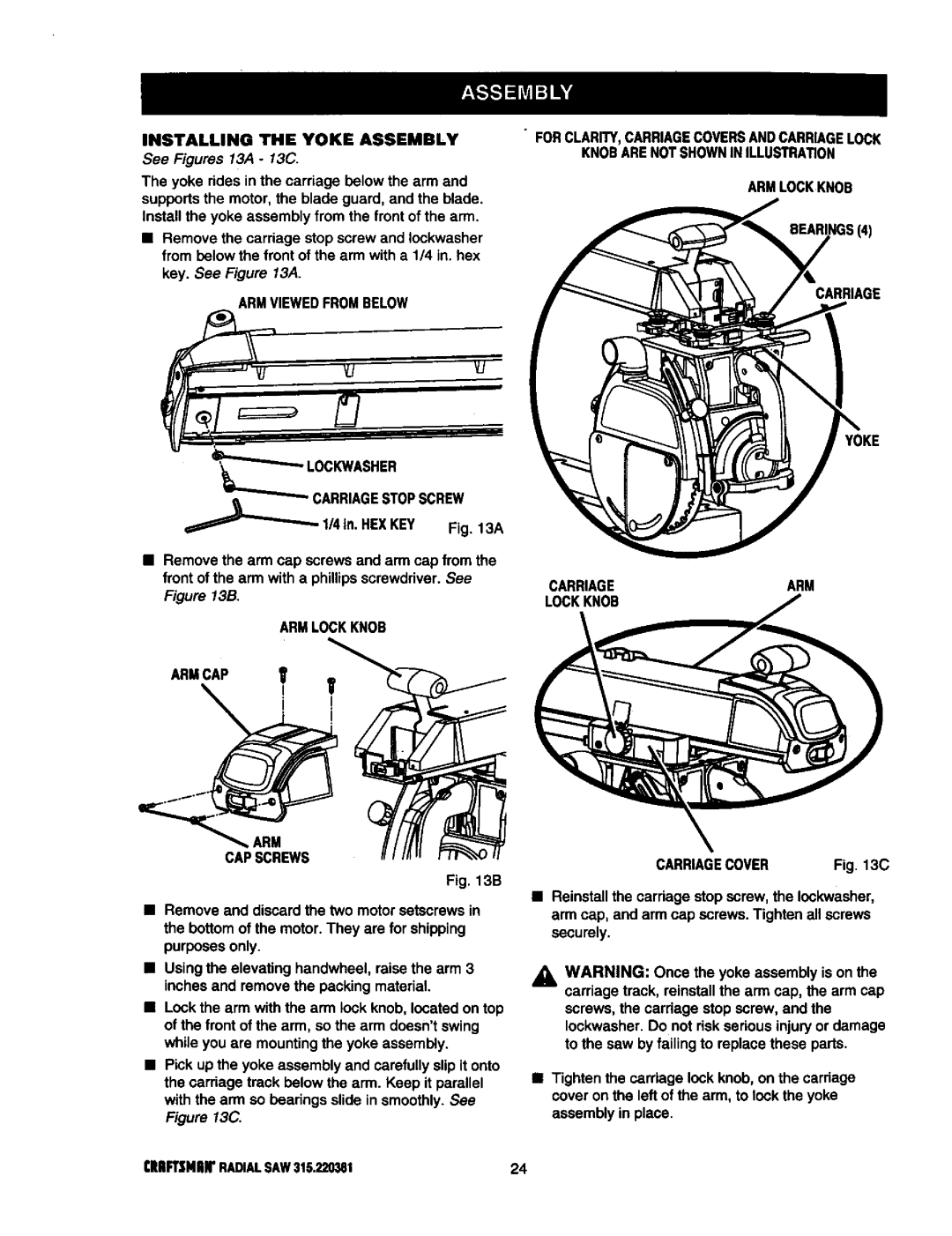 Craftsman 315.220381 Installing the Yoke Assembly, Armviewedfrombelow, Armlockknob ARM Capscrews, Carriagearm Lockknob 