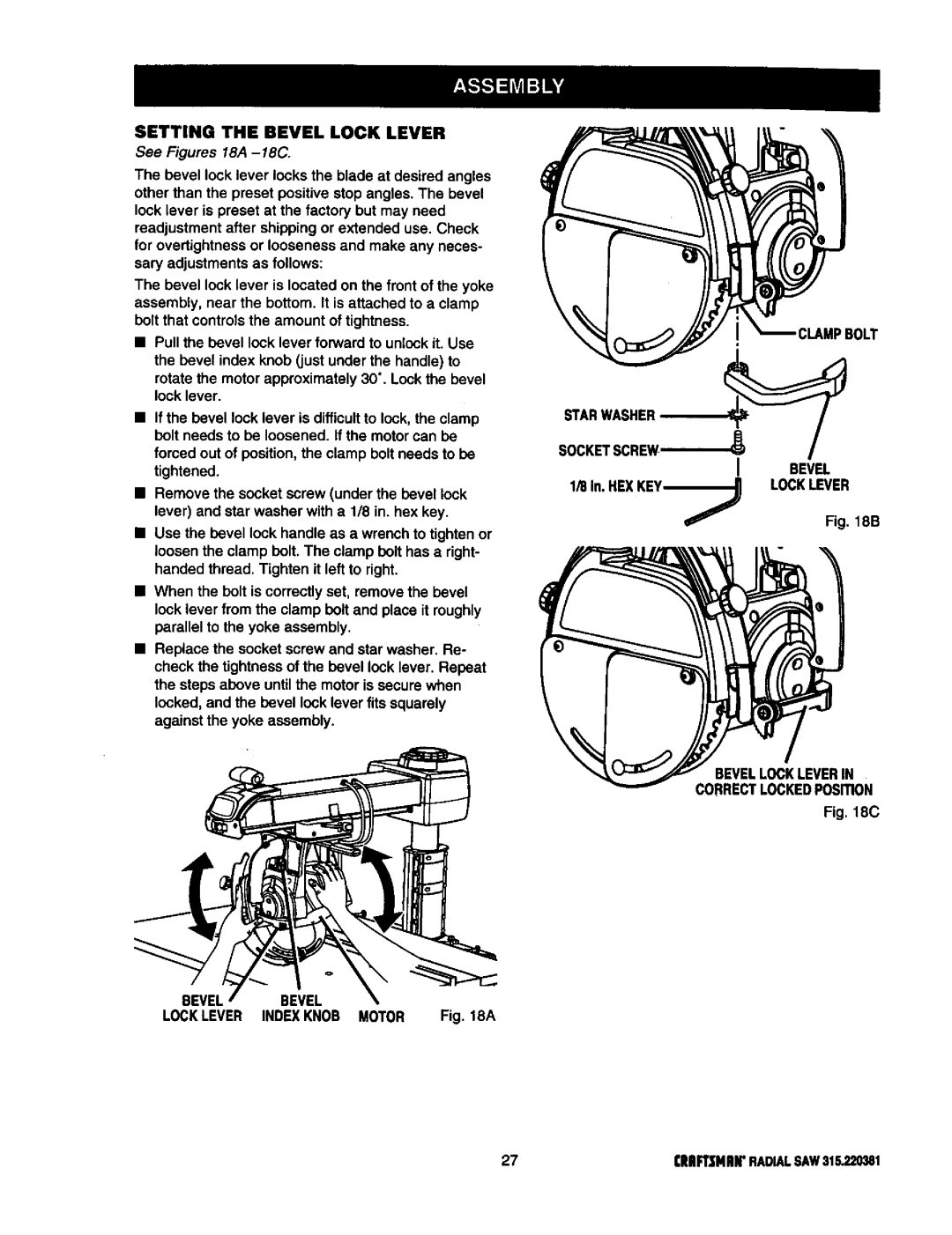 Craftsman 315.220381 owner manual Setting the Bevel Lock Lever, Starwasher Bevel, Bevellockleverin, Bevel Bevel 