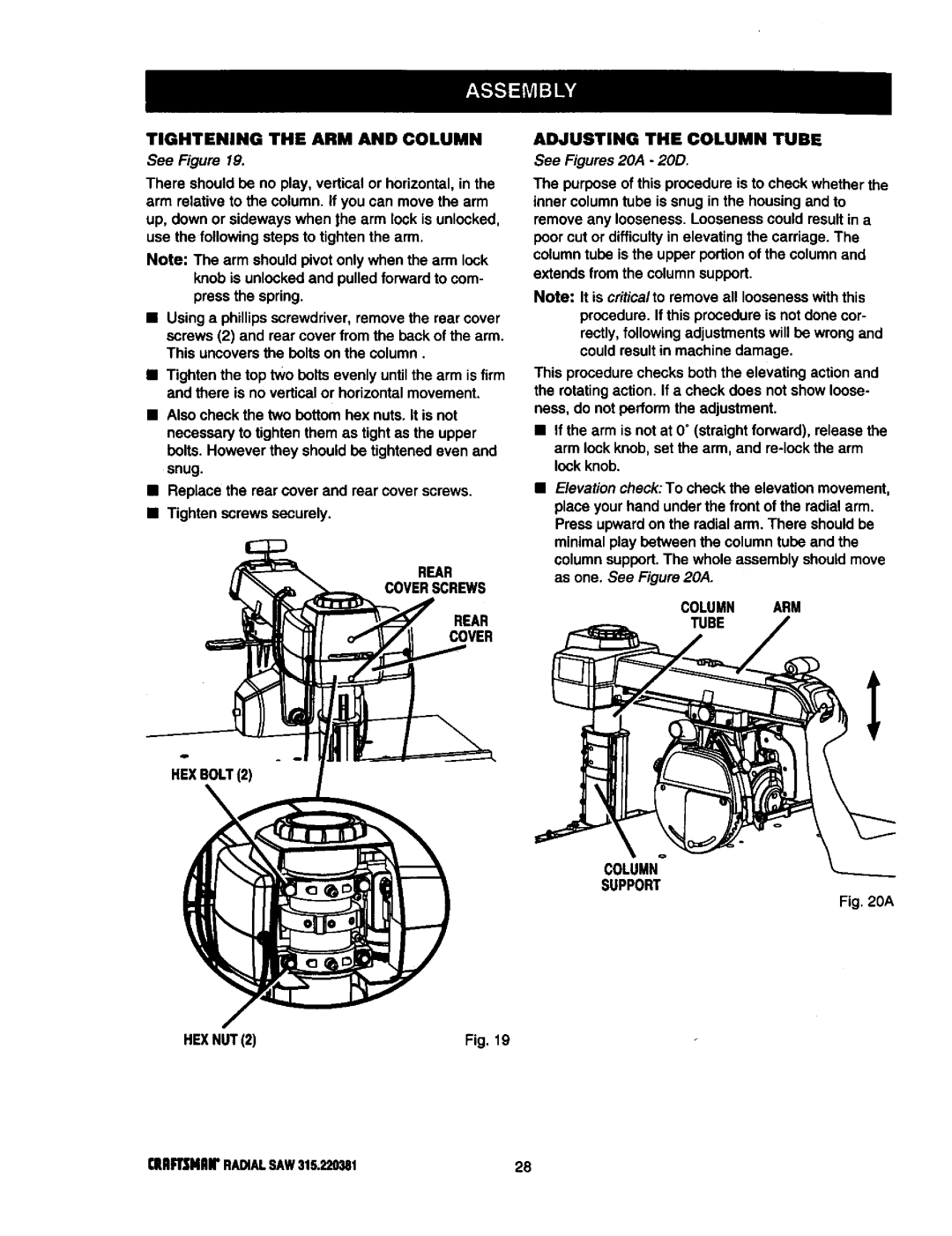 Craftsman 315.220381 Tightening the ARM and Column, Rear Coverscrews HEXBOLT2 HEXNUT2 Adjusting the Column Tube 