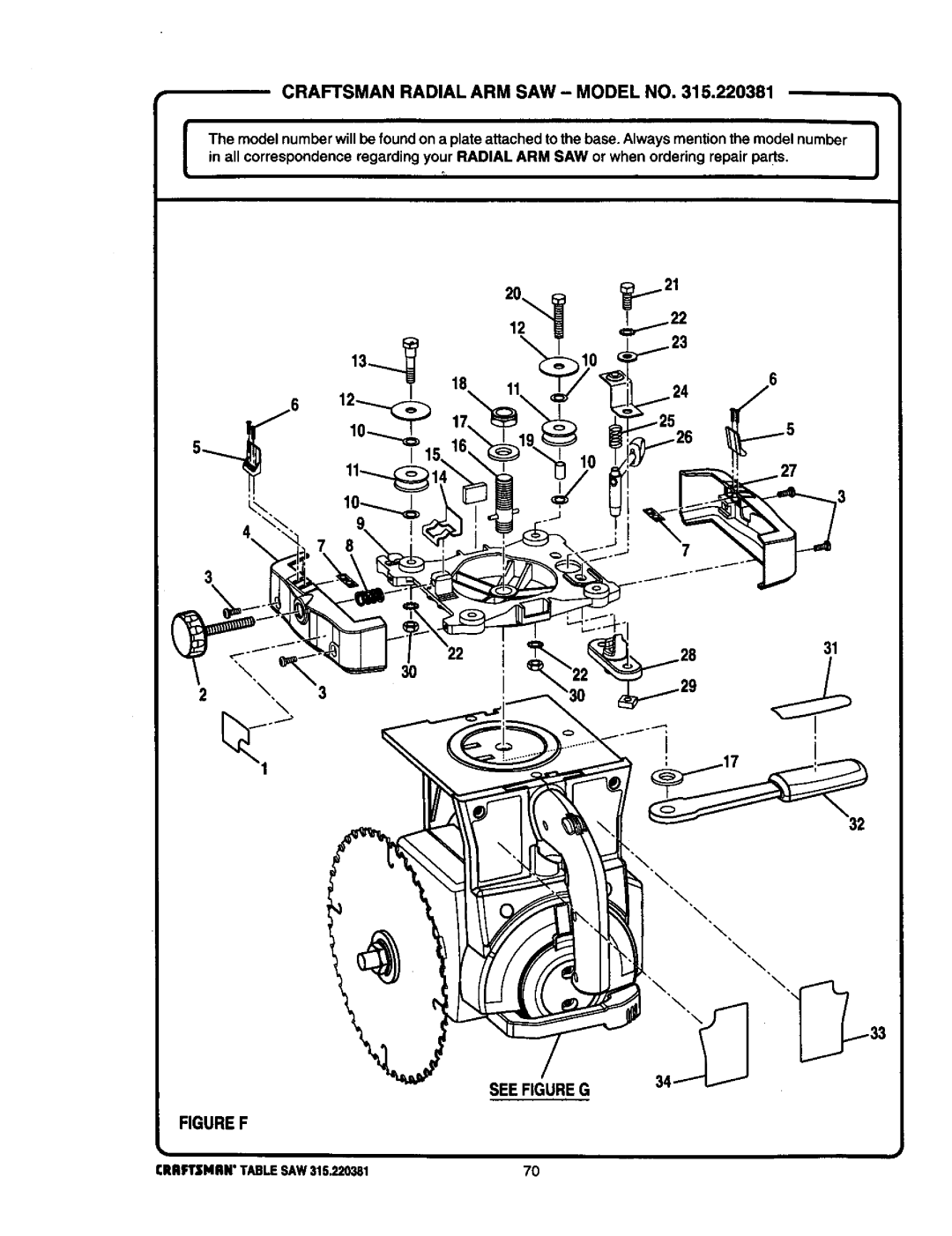 Craftsman 315.220381 owner manual Figuref, See Figure G 