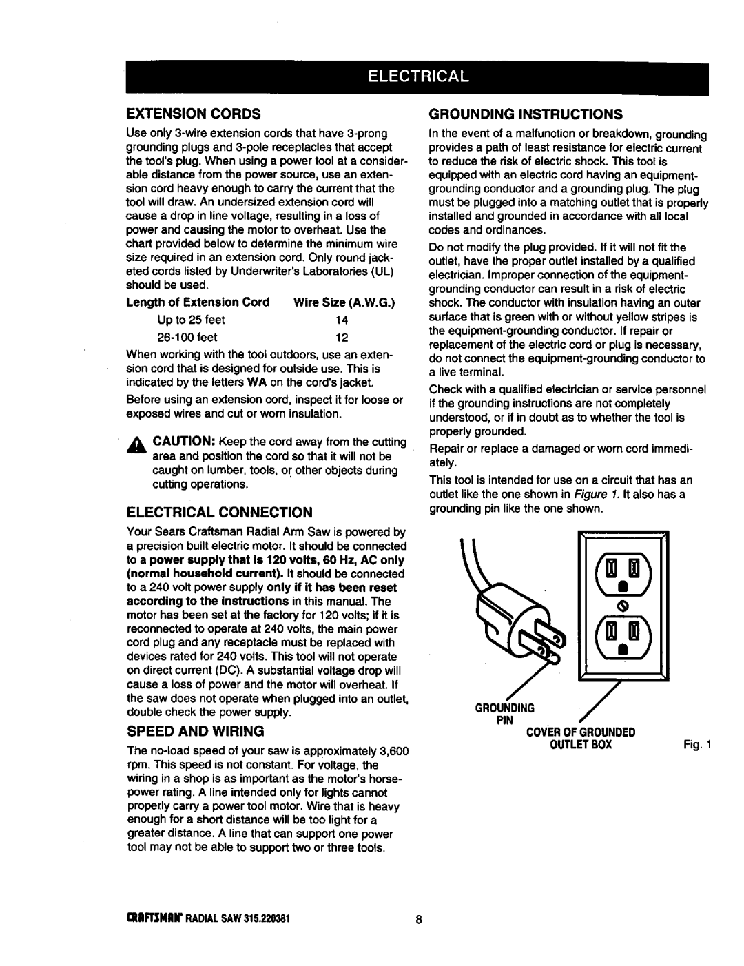 Craftsman 315.220381 owner manual Groundinginstructions, Grounding PIN Coverofgrounded Outletbox 