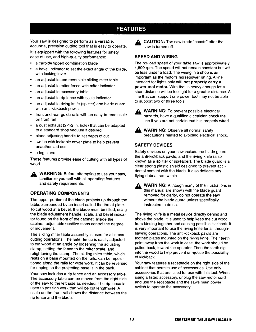 Craftsman owner manual Operating Components, Safety Devices, Speed and Wiring, 13CRRFTSMRNTABLESAW315.228110 