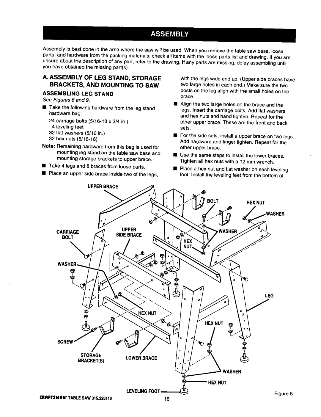 Craftsman 315.22811 Assembling LEG Stand, Leveling feet, Fiat washers 5/16 Hex nuts 5/16-18, Nut Levelingfoot--Hex 