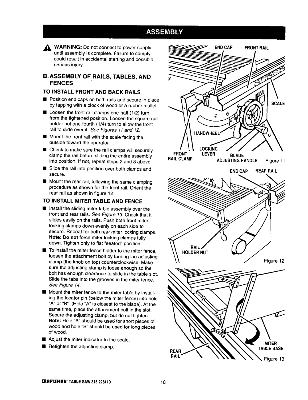 Craftsman 315.22811 owner manual To Install Miter Table and Fence, Endcap Frontrail Scale, RAi, Holdernut 