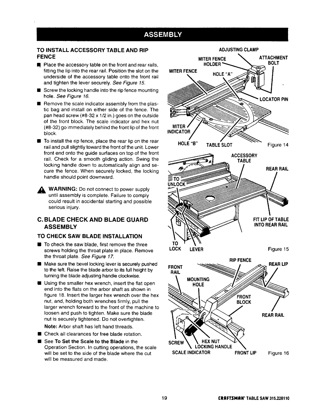 Craftsman 315.22811 owner manual To Install Accessory Table and RIP Fence, Hole B Tableslot Accessory, Lock Lever 