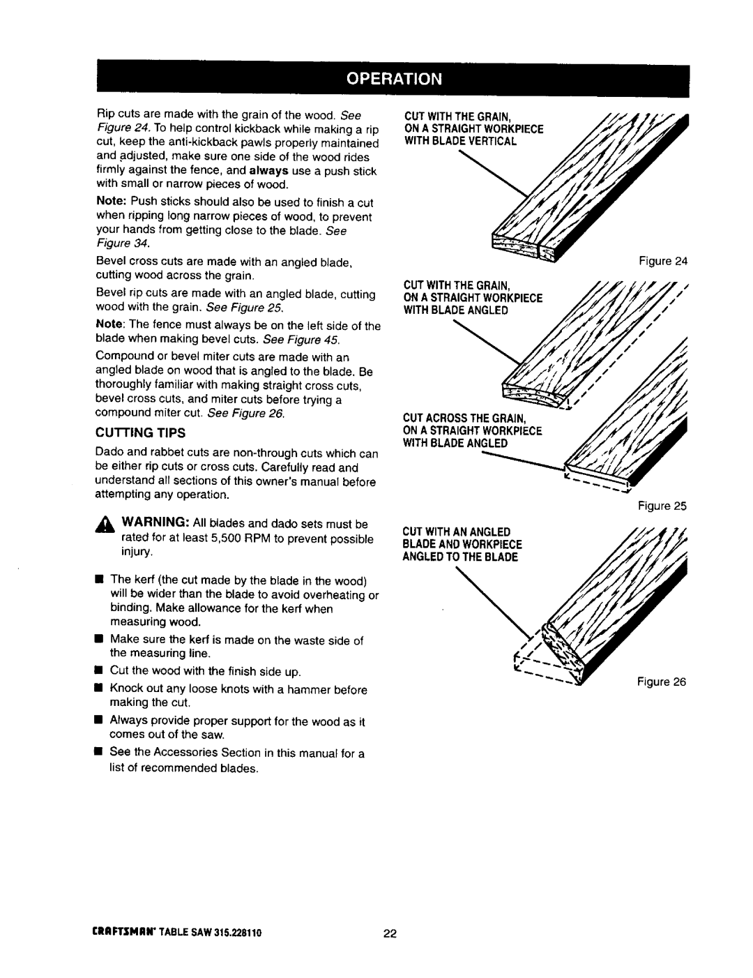 Craftsman owner manual CuI-rlNG Tips, CRRFTSI4RNTABLE SAW315.228110 