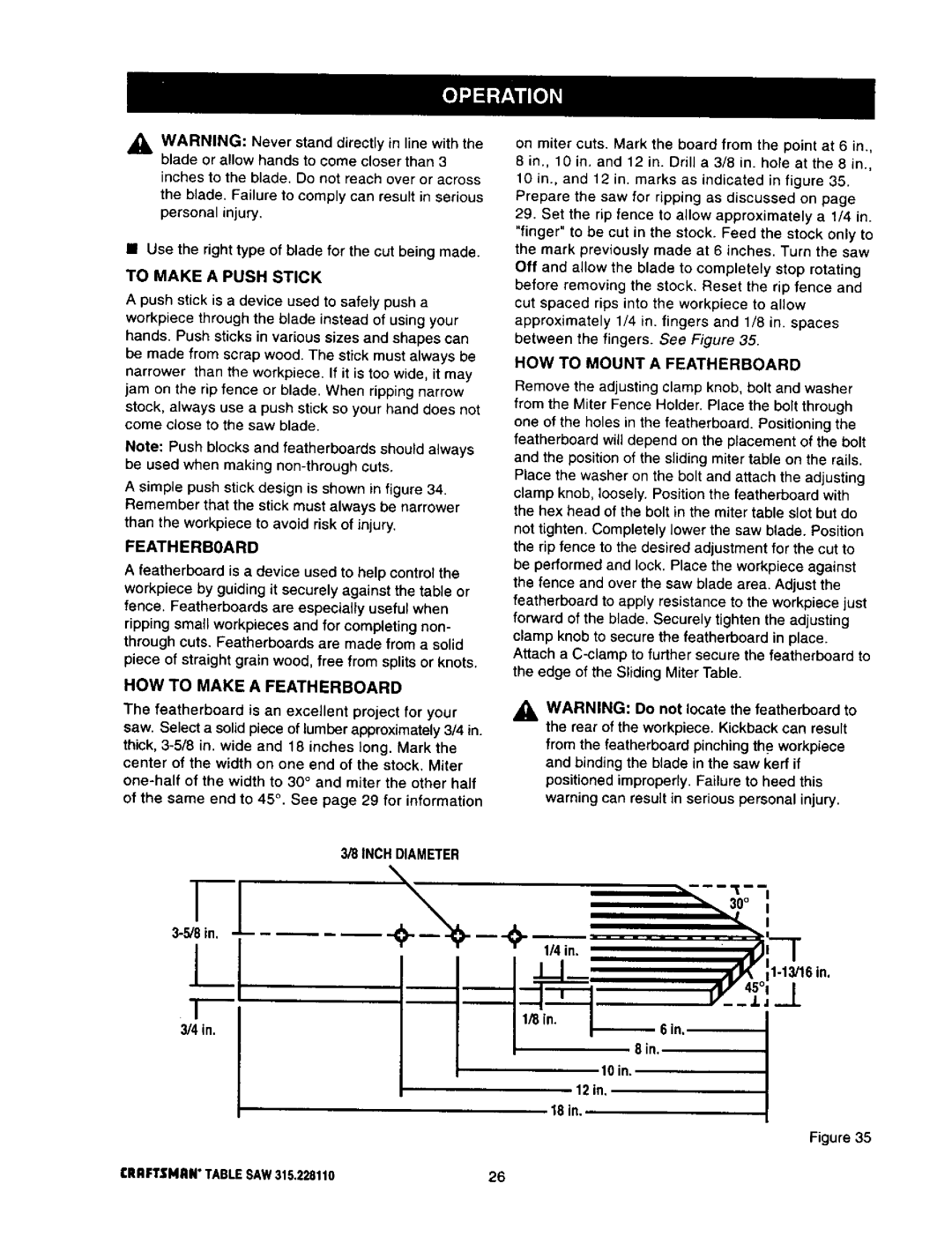 Craftsman 315.22811 To Make a Push Stick, HOW to Make a Featherboard, HOW to Mount a Featherboard, 13/16in 10in 