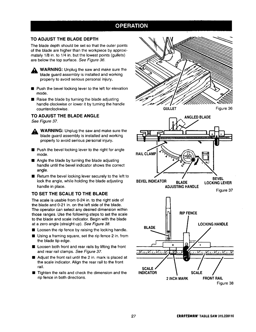 Craftsman 315.22811 owner manual To Adjust the Blade Depth, To Adjust the Blade Angle, Angledblade, Railclamp 