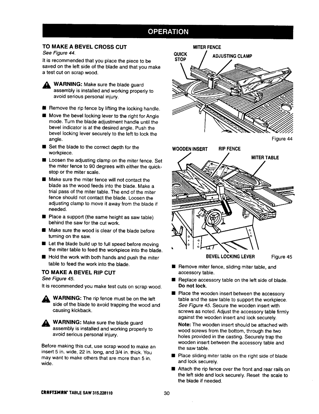 Craftsman 315.22811 owner manual To Make a Bevel Cross CUT, Woodeninsert RIP Fence, Bevellockinglever Figure, Do not lock 